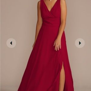 Long Red Chiffon surplice tank bridesmaid dress